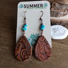 Sleeping beauty earrings turqouise blue leather earrings carved boho earrings handmade copper dangle gift stone unique jewelry for women SLD These beauties, I used 6-8mm sleeping beauty turquoise from the Kingman mine mountain, hand carved leather brown lightweight teardrop engraved handmade beads, copper findings and ear Wires. This comes from the mine in Kingman, AZ. We used to have many of them but they've been more productive of copper late, so they've been switching, in fact the sleeping be Bohemian Hand Tooled Teardrop Earrings, Hand Tooled Teardrop Bohemian Earrings, Bohemian Teardrop Hand Tooled Earrings, Bohemian Turquoise Hand-tooled Earrings, Kingman Az, Stone Dangle Earrings, Real Turquoise, Earrings Turquoise, Beaded Anklets