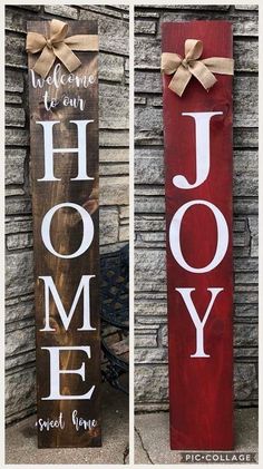 two wooden signs that say home and joy