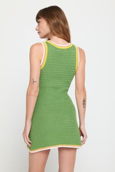 Tight knit. A fitted, short-length, crochet stitch dress with a scoop neckline and multi-color pop stripe edges. Made in our Crochet Knit fabrication, this 100% cotton yarn is super soft, and the open stitch makes these items perfect for hot summer days and warm summer nights. | River Crochet Dress in Cactus Fitted Green Crochet Casual Dress, Green Knit Mini Dress, Spring Green Crochet Knit Dress, Green Knit Crochet Dress For Spring, Casual Green Crochet Knit Dress, Fitted Casual Crochet Cotton Dress, Fitted Casual Cotton Crochet Dress, Casual Fitted Cotton Crochet Dress, Fitted Cotton Crochet Mini Dress