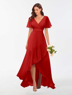 #color_Red Red V-neck Chiffon Wedding Dress, Red V-neck Chiffon Dress For Wedding, Red V-neck Maxi Dress For Bridesmaid, Bridesmaid Look, Diana Dress, Enchanting Dress, Western Gown, Short Sleeves Dress, Chiffon Bridesmaid Dresses