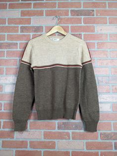 "Good condition on this piece from the 80s. Chest (pit to pit) measurements: \" Length measurements: \" Tag: Montgomery Ward" Retro Cotton Sweater With Knit Fabrication, Retro Cotton Knit Sweater, Retro Fall Sweater, Retro Brown Crew Neck Sweater, Retro Wool Knitted Sweater, Vintage Crew Neck Knit Sweater, Retro Brown Knitted Sweater, Retro Fitted Cotton Sweater, Fitted Cotton Retro Sweater