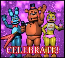 three cartoon characters are standing together in front of a purple background with the words celebrate