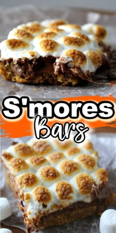 there are two pictures of s'mores bars on the table and one has marshmallows