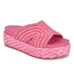 Corel Flatform Sandals – Nine West Summer Slip-on Sandals With Textured Sole, Pink Open Toe Platform Slippers For Vacation, Pink Open Toe Platform Slippers For Beach, Woven Leather Sandals For Summer, Summer Platform Open Toe Slides, Pink Platform Slippers For Summer, Pink Platform Slippers For Beach In Spring, Pink Platform Slippers For Spring Beach Outing, Spring Pink Platform Slippers For Beach