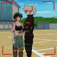 two anime characters standing next to each other in front of a basketball court with red lines