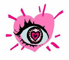 an eyeball in the shape of a heart with pink paint splatters around it