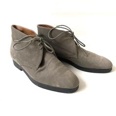 Classic lace up ankle boots by Madame Greco Aoyama 2-4-6 Made in Japan. Shoes made khaki grey nubuck leather. Rubber style, manmade sole. Some wrinkles on the leather. Shoes are very soft. SIZE: 23.5 JP EU 37 / UK 4 / US 6 Width externally: 8cm Length: 24cm H: 5"/12.5cm Khaki Lace-up Suede Boots, Khaki Suede Lace-up Boots, Khaki Lace-up Boots With Rubber Sole, Suede Lace-up Chukka Boots For Fall, Japan Shoes, Retro School, School Style, Lace Up Ankle Boots, Grey Khakis