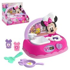 minnie mouse kitchen playset with accessories for kids to play on the table and sink