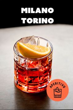 a close up of a drink on a table with the words milano torno above it