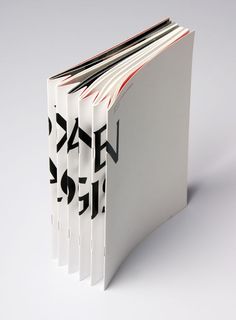 an open book with black and white designs on it's cover, sitting in front of a white background