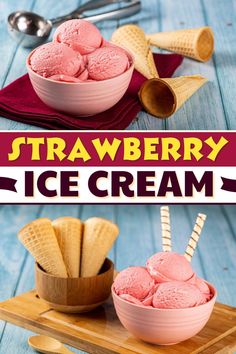 two bowls filled with ice cream on top of a wooden table