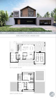 two story house plans with garage and living room in the middle, one bedroom on each floor