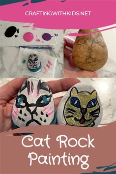 cat rock painting with text overlay that reads crafting with kids net cats rock painting