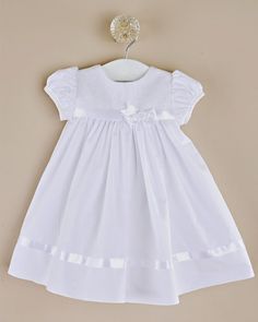 Sarah Christening Dress Solid Color Summer Baptism Dress, Cotton Short Sleeve Dress For Baptism, Classic Fitted Dress For Baptism, Short Sleeve Dress With Smocked Bodice For Wedding, Wedding Dress With Smocked Bodice And Short Sleeves, Short Sleeve Wedding Dress With Smocked Bodice, Classic Short Sleeve Dress For Baptism, Spring Baptism Dress With Fitted Bodice, Classic White Cotton Dresses