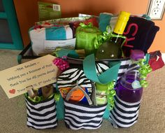 a basket filled with personal care items on top of a carpeted floor next to a wall