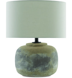 a table lamp with a white shade on it's base and a black metal base