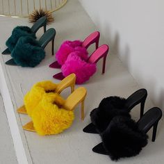 European Station Sandals Candy Color Luxury Rabbit Fur High Heel Sandals Slippers Femme Evening Party Women Shoes 35-43 Trendy Pointed Toe Party Mules, Trendy High Heel Mules For Party, Pink Open Toe Mules For Party, Summer Party Mules With Ankle Strap, Spring Party Mules With Ankle Strap, Summer Party Mules With Pointed Toe, Yellow Open Toe Party Sandals, Yellow Open Heel Party Shoes, Yellow Open Toe Heels For Party