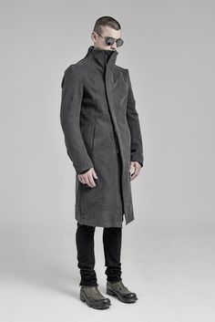 "PHANTOM NEUTRAL GREY WASHED DENIM COAT __SLIM FIT __RAW HEM __ZIPPER CLOSURE __WASHED HEAVY DENIM __2 FRONT POCKETS __1 INTERIOR POCKET __1 REAR POCKET __ARM SHAPED SLEEVES __SCAR STITCHED SLEEVE DETAILS __FULLY LINED model__ chest 103 (40.5\"), waist 77 (30.3\"), hips 96 (37.8\"), biceps 35 (13.8''), height 180 (5'11\"), kg 74 (163 lbs) model wears size M | color: neutral grey, black lining fabric__ 100 washed heavy denim, lining: 100 cotton care__ dry clean sizing__ size XS (IT 44, US 34, JP Fitted Outerwear With Pockets And Stand Collar, Gray Button Closure Outerwear For Streetwear, Gray Outerwear With Button Closure For Streetwear, Fitted Long Coat Casual Outerwear, Fitted Outerwear With Stand Collar For Streetwear, Fitted Long Coat With Pockets, Fitted Casual Long Coat, Casual Fitted Long Pea Coat, Gray Cotton Outerwear With Stand Collar