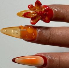 Orange And Red Nails, 3d Flower Nail Art, Nails Aura, Natural Fake Nails, Orchid Nails, Sunset Nails, Aura Nails, Vibrant Nails, Really Cute Nails