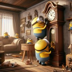 a cartoon minion leaning on a grandfather clock in a living room with other minions