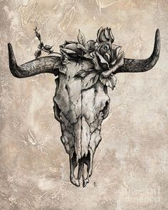 a drawing of a bull skull with flowers on it's antelope head