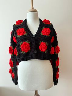 Crochet Crop Cardigan, Crochet Rose Cardigan, Red Rose Cardigan, Knit Big Floral Cardigan, Cozy Boho Knit Jacket, Floral Patchwork Sweater Thank you for visiting Helloo Crafts! Care: *Hand wash, wash with cold water, do not bleach. delivery time Since our products are handmade, they are made to order. The delivery time of your orders is 5-20 working days. Can be made according to your requested color too. Please dont hesitate to contact me. For rest of my shop please also visit. https://www.etsy.com/shop/HellooCrafts Red Crochet Cardigan For Spring, Red Crochet Long Sleeve Cardigan, Red Knitted Outerwear For Fall, Red Hand Knitted Long Sleeve Cardigan, Rose Cardigan, Patchwork Sweater, Floral Cardigan, Crochet Rose, Cropped Cardigan