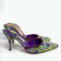 Authentic Manolo Blahnik Purple And Green Floral Slingback Pointed Heels Size 35 -Size 35 But Would Recommend For Up To A Narrow 36 -Great Condition -True Vintage Manolos.. Carrie Bradshaw Would Be Drooling Over These -Originally Around 675 Usd Message Me With Any Questions Purple High Heel Slingback Pumps For Spring, Chic Purple Slingback Pumps For Spring, Purple Slingback Pumps For Spring, Spring Purple Slingback Pumps With Heel Strap, Spring Party Purple Slingback Pumps, Purple Slingback Pumps For Spring Party, Designer Fitted Slingback Pumps For Spring, Multicolor Slingback Heels For Formal Occasions, Purple Pointed Toe Slingback Pumps For Evening