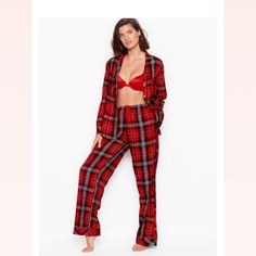 A Flannel Pj Pant Boasting A Hint Of Shimmer, Plus A Matching Long- Sleeve Top With A Notch Collar, Front Pocket And Decorative Piping It’s Relax Fit Perfect For The Fall & Winter Season. Great Gift For Yourself Or Your Love One. Regular =31” Inseam Brand New With Tag Flannel Pj Pants, Victoria Secret Pajamas, Red Plaid Flannel, Holiday Plaid, Flannel Pajama Sets, Winter Pajamas, Plaid Pajamas, Cute Pajamas, Flannel Pajamas