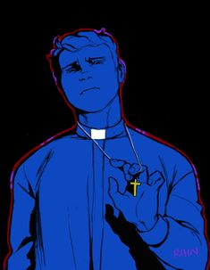 a drawing of a man with a cross in his hand and wearing a blue shirt