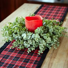 a red candle sitting on top of a wooden table next to a green leafy plant