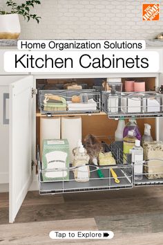 an open cabinet with the words home organization solution kitchen cabinets on top and below it