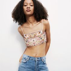 Nwt Zara Adjustable Straps Pink/Beige Base Color Crop Top Bustier Embroidered And Beaded Chic Embroidered Cropped Top, Fitted Embroidered Bohemian Crop Top, Fitted Bohemian Embroidered Crop Top, Zara Floral Embroidered Party Top, Zara Butterfly Crop Top, Boho Tank Top, Bandeau Crop Top, Cropped Camisole, Colorful Crop Tops