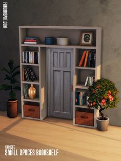 a book shelf with books and plants in it