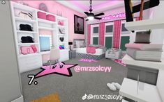 a pink and white room with lots of furniture