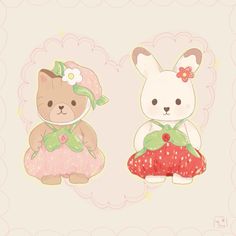 two teddy bears are dressed up as strawberrys and one is wearing a bunny costume