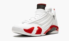 The Air Jordan 14 “Varsity Red,” also known as “Candy Cane,” is the 2019 retro of the iconic colorway of Michael Jordan’s fourteenth signature shoe.  The Jordan 14 is featured in its original white and Varsity Red color combination with black accents, which first released in 1998.  It is constructed in full-grain leather with ribbed and perforated areas on the quarter panel and heel.  The Ferrari-inspired design of the Jordan 14 is completed with Zoom Air cushioning and a large carbon fiber supp Color Combination With Black, Combination With Black, Red Color Combinations, Retro Candy, Jordan Shoes Retro, Shoes Retro, Air Jordan 6, Air Jordan 4 Retro, Stadium Goods