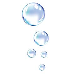 three bubbles are floating in the air on a white background, one is blue and the other is clear