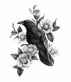 a black bird sitting on top of a branch with flowers in front of its body