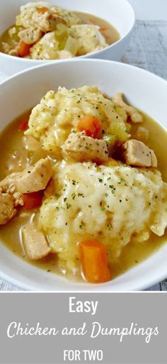 two white bowls filled with chicken and dumplings