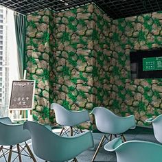 there are many chairs in the room with green wallpaper on the walls behind them