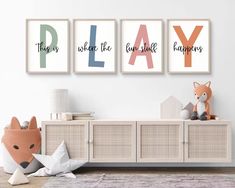 three children's wall art prints with the word play on them