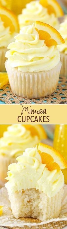 two pictures of cupcakes with white frosting and orange slices