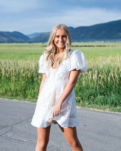 A model in a dress features a puffy sleeve and delicate lace applique, so you can flounce around in high-flying fashion. Hoco Dress, Hoco Dresses, Puffy Sleeves, Glam Fashion, Homecoming Dress, Lace Applique, Dream Dress, Preppy Style, 90s Fashion