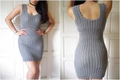 two pictures of a woman wearing a gray dress