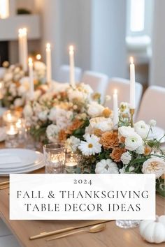 a long table with candles and flowers on it is featured in the fall and thanksgiving table decor ideas