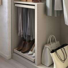 a white shelf with shoes and purses on it