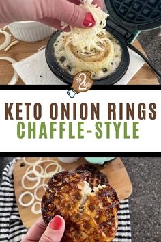 a person is holding up a waffle with cheese on top and the words keto onion rings chaffle - style above it