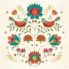 an embroidered design with flowers and birds on white background, in red, blue, green, yellow and orange colors