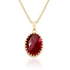 "Large Red Stone Necklace features an oval 18 x 13 mm Lab Created framed in a ornate gold setting. Vintage feel meets modern designing. Also available in Sterling Silver. Ruby is the Birthstone for July and Gemstone for Celebrating 15th Anniversaries 💎 Metal - 14K Gold Filled or Sterling Silver 💎 Gemstone - Lab Created Ruby, 18 x 13 mm Oval, AA Quality 💎 Pendant Dimensions Width - 0.6\" Total Length - 1.2\" Width - 8mm Total Length - 29mm 💎 Chain Type - Rolo Chain 💎 Chain Type - 16\" / 18\" Large Ruby Necklace, Gold Ruby Birthstone Necklace For Anniversary, Anniversary Ruby Birthstone Necklace In Gold, Anniversary Gold Ruby Birthstone Necklace, Gold Ruby Gemstone Necklace, Gold Ruby Necklace For Anniversary, Fine Jewelry Ruby Oval Pendant Necklace, Ruby Oval Pendant Fine Jewelry Necklace, Ruby Birthstone Pendant Necklace In Yellow Gold