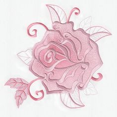 a drawing of a pink rose with leaves and swirls on it's side